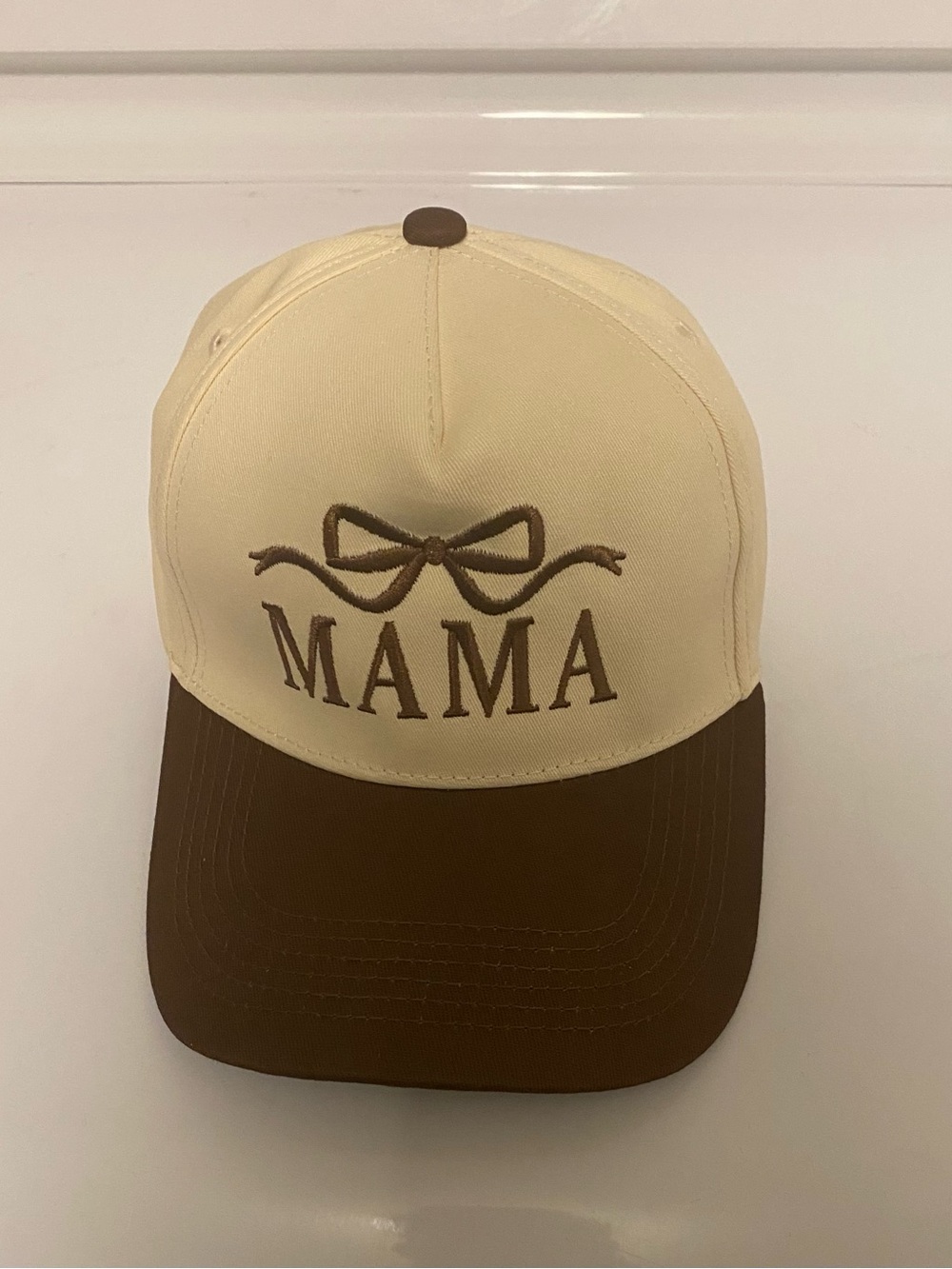 MAMA Embroidered Bow Kids Cap - Cream and Brown